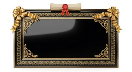 Elegant Black Frame with Gold Accents, Scroll, and Ribbon Bows