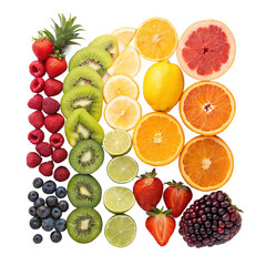 Assortment of fresh fruits arranged in rows isolated on transparent background