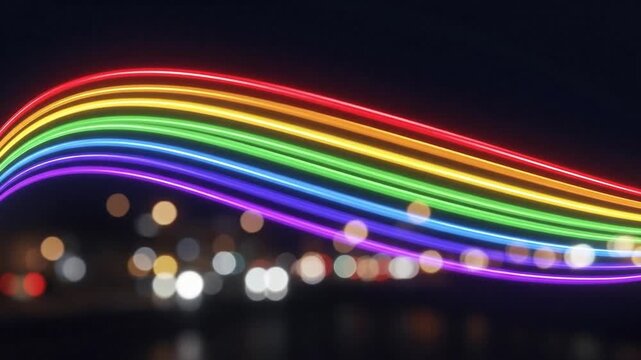 This vibrant abstract animation features multiple glowing, neon-like lines that undulate gracefully across the frame, creating a dynamic, rainbow-colored wave. The spectrum of colors, including red, o