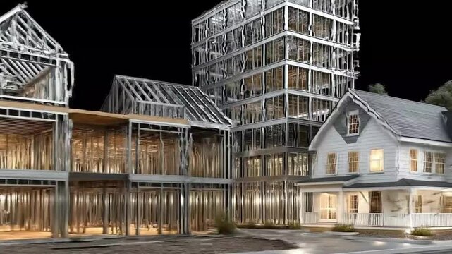 black LSF three residential steel buildings house, by side, showing structural exposed cold-formed modern framing, high-rise, one one mid-rise, one steel side frame construction, only bare 32994979 1