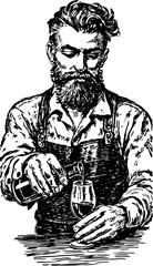 Man with beard pouring a drink into a glass. Vintage vector illustration of a professional bartender at work.