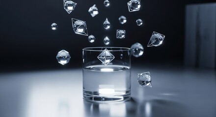 Glass of clear water with floating crystal abstract shapes