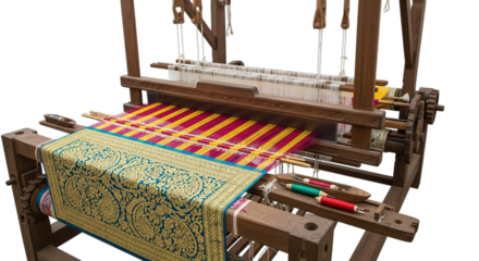 Traditional wooden loom isolated on transparent background for weaving textile and fabric