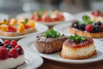 Close Up of Desserts on White Plates Restaurant Table Display with Assorted Fresh Fruits and Berries Gourmet Cuisine