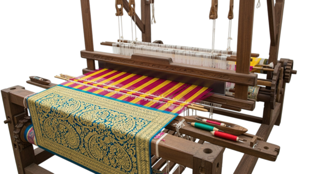 Traditional wooden loom isolated on transparent background for weaving textile and fabric