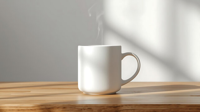 Premium Glossy Coffee Mug Mockup on Wooden Surface with Natural Shadows