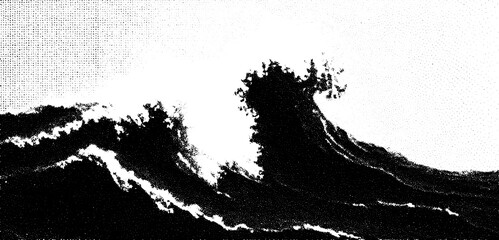 Wave illustration in black and white. A dynamic set of water crashing and splashing against the coast, featuring a textured vector design.