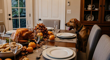 Dog looking at thanksgiving dinner table with turkey and decorations
