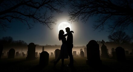 Fototapeta premium Romantic Silhouette Dance in Cemetery Moonlight.