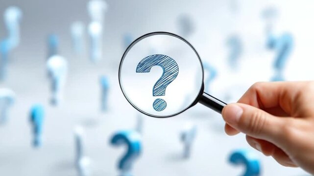 on hand holding over root glass analysis, a magnifying question central mark, surrounded large, smaller question marks floating by white a a background, symbolizing A cause clean critical t 79714716 1