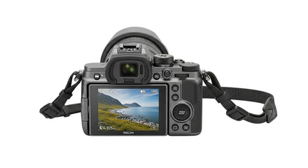 Digital camera with screen displaying a scenic landscape isolated on transparent background