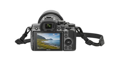 Digital camera with screen displaying a scenic landscape isolated on transparent background