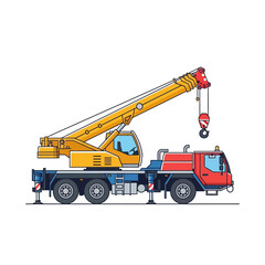Naklejka premium Yellow crane truck with red cab on white background vector illustration.
