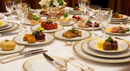 Fototapeta premium A beautifully set table with multiple courses and elegant glassware
