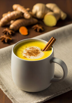 A warm mug of golden turmeric latte, sprinkled with cinnamon and garnished with a cinnamon stick, surrounded by ginger roots and star anise, suggesting a healthy, comforting beverage