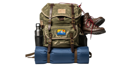 Vintage hiking backpack with camping gear isolated on transparent background, ready for an outdoor adventure