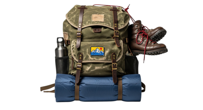 Vintage hiking backpack with camping gear isolated on transparent background, ready for an outdoor adventure