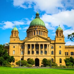 Obraz premium A grand, sandstone government building with a green dome, flanked by smaller domes, sits on manicured lawns under a bright sky