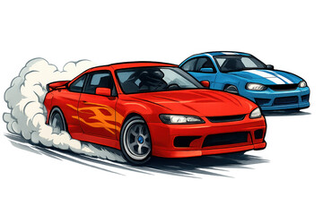 Red and blue sport cars drifting, creating tire smoke