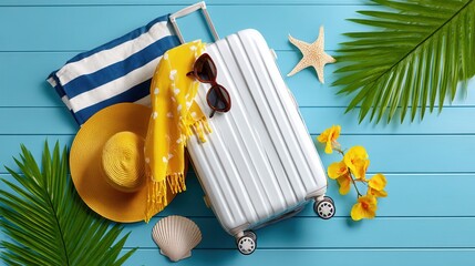 Summer vacation concept with suitcase, straw hat, beach accessories