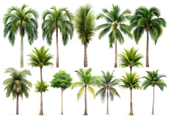 Collection of palm trees isolated on transparent background in various styles