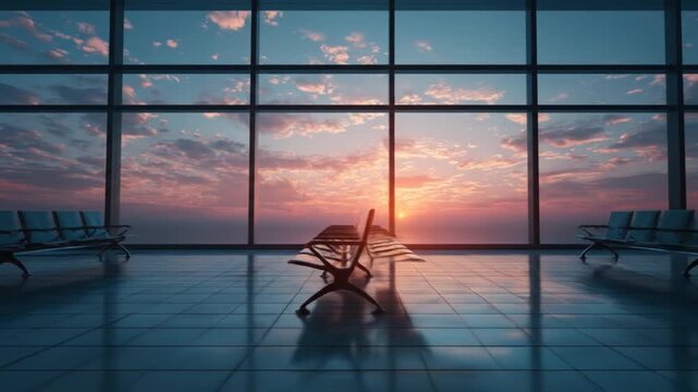 Airport interior at sunset plane taking off with cloudy sky