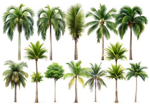 Collection of palm trees isolated on transparent background in various styles