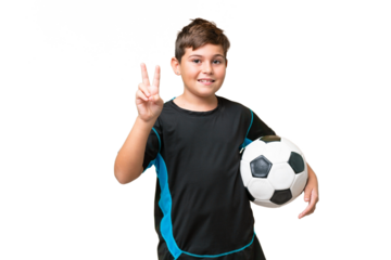 Little caucasian football player kid over isolated chroma key background smiling and showing victory sign