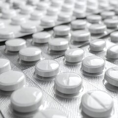 Close-up of numerous blister packs filled with round, white pills