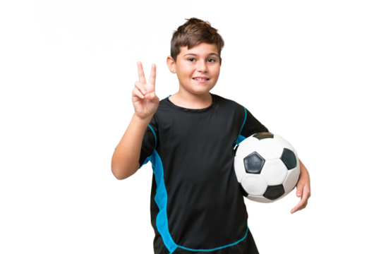 Little caucasian football player kid over isolated chroma key background smiling and showing victory sign