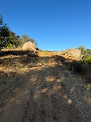 rough dirt road through brush, rocks, grass, and bramble of mountainous desert landscape beneath clear blue summer sky (horizontal) - Escondido, California, USA
