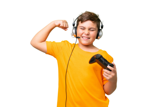 Little caucasian kid playing with a video game controller over isolated chroma key background doing strong gesture
