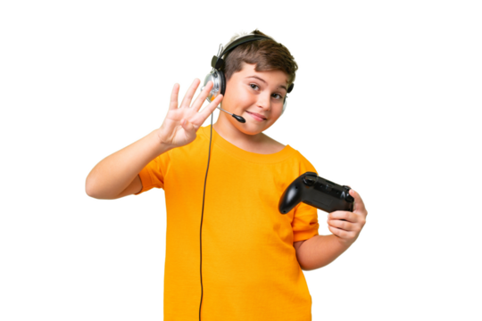Little caucasian kid playing with a video game controller over isolated chroma key background happy and counting four with fingers