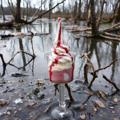 Ice cream in a glass on a swampy area, autumn landscape, chilly atmosphere in the park