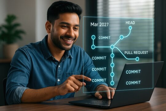 Software development fundamentals commit management techniques for remote teams digital workspace infographic professional environment informative viewpoint