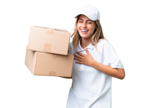 Delivery Uruguayan woman over isolated background smiling a lot