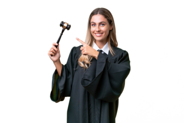 Judge Uruguayan woman over isolated background pointing to the side to present a product