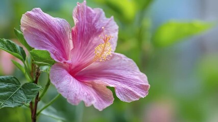 This video showcases a stunning close-up of a vibrant pink flower, potentially a hibiscus, with delicate, textured petals and a prominent yellow stamen, set against a softly blurred natural green back