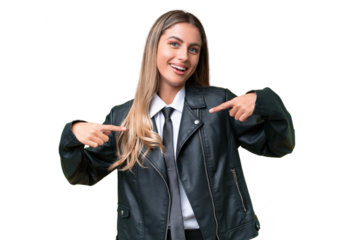 Business pretty Uruguayan woman wearing a biker jacket over isolated background proud and self-satisfied
