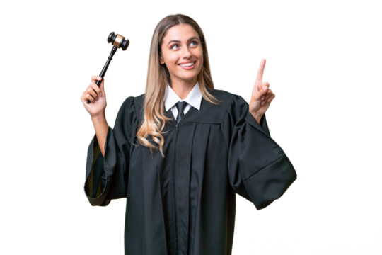 Judge Uruguayan woman over isolated background pointing up a great idea