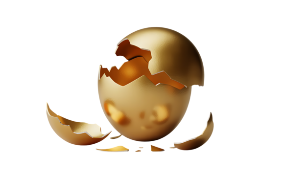 A cracked golden egg isolated on transparent background, representing potential, fortune, and the start of something new, ideal for business and motivational content