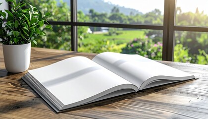 Open book on a wooden table with a green potted plant and a blurred natural landscape in the background, perfect for mockups and design projects