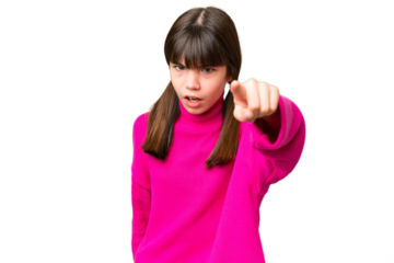Little caucasian girl over isolated background frustrated and pointing to the front