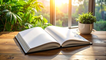 Open Book on Wooden Table Near Window with Lush Greenery and Sunlight Illuminating Pages