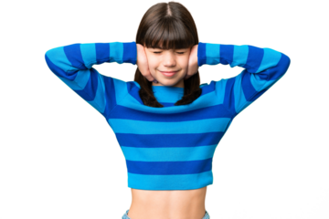 Little caucasian girl over isolated background frustrated and covering ears