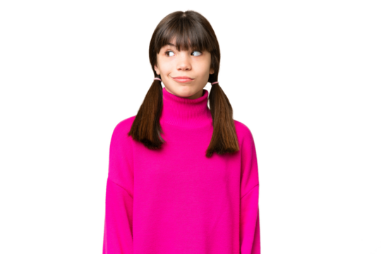 Little caucasian girl over isolated background making doubts gesture looking side