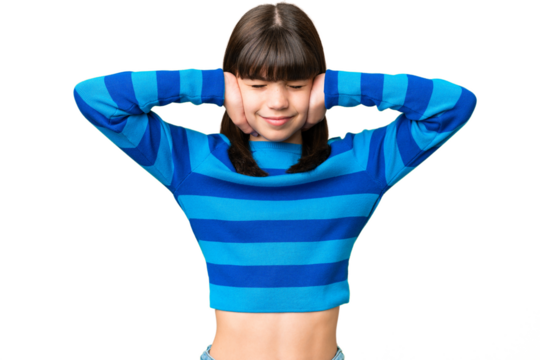 Little caucasian girl over isolated background frustrated and covering ears