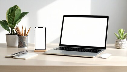 Contemporary office workspace with laptop and smartphone screens for mockup on a sunlit wooden desk with plants