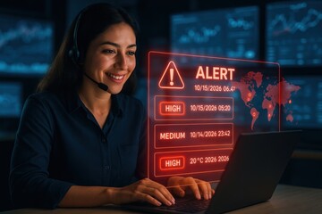 Cybersecurity alert response tech office digital interaction virtual environment close-up view crisis management strategy