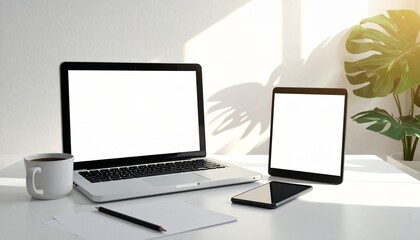 Modern remote work desk with technology devices including a laptop, tablet, and phone, all with blank screens for versatile use, under bright natural light